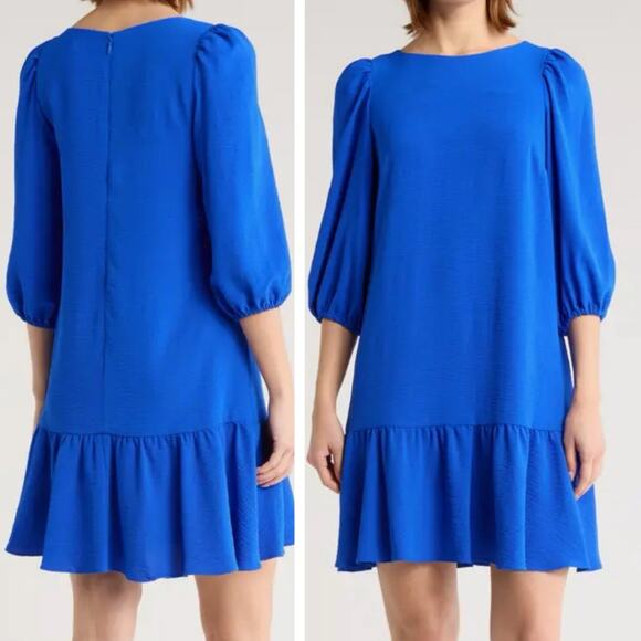 DKNY Mini Shift Dress 4 Blue Flounce Ruffle Hem Minimalist Balloon Sleeve Modern - Picture 1 of 12